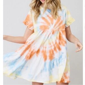 CES FEMME ORGANIC COTTON Boho Beach Tie Dye Tiered Baby Doll Eyelet SLV Dress M